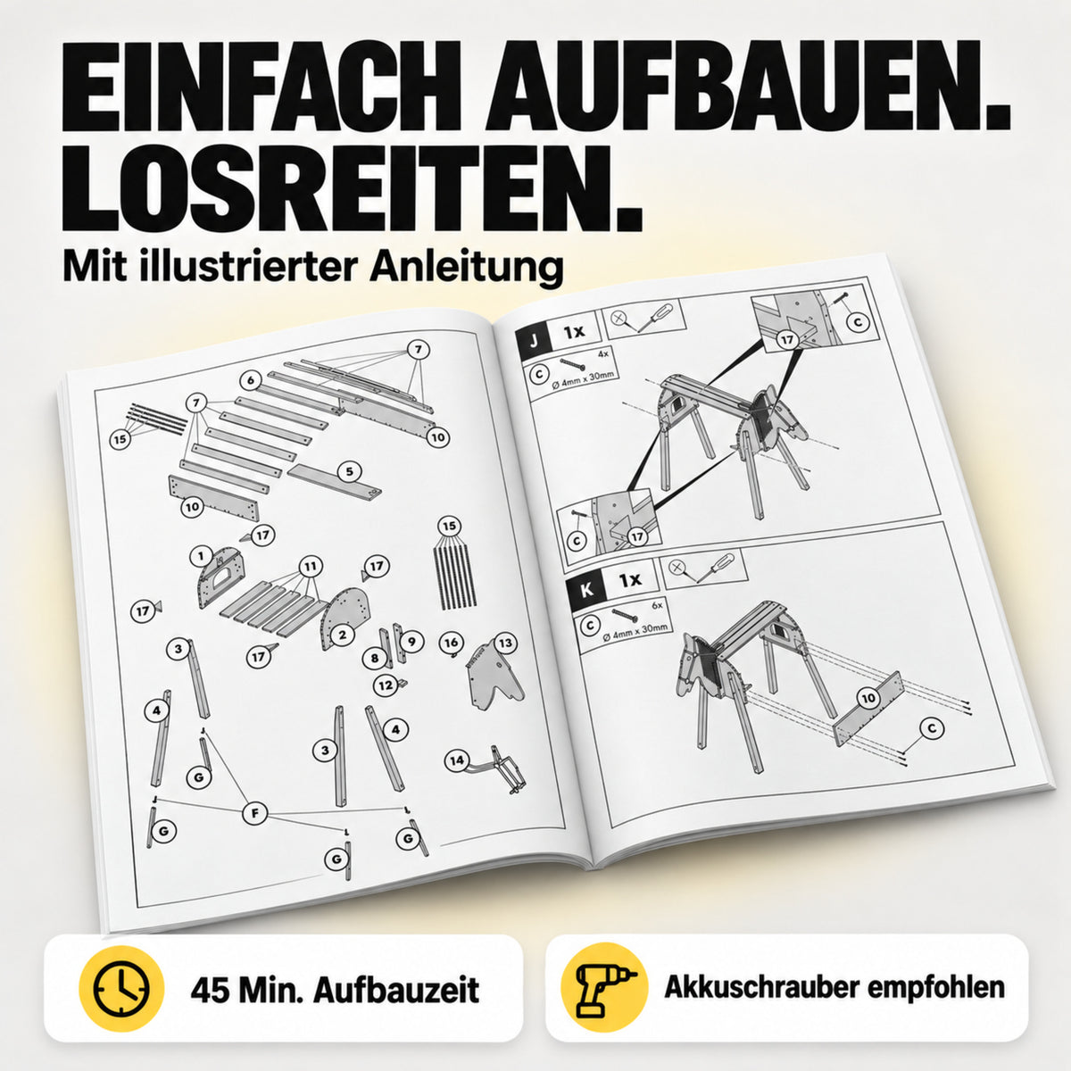 FRIEDO Holzpferd einfach aufbauen mit illustrierter Anleitung in 45 Minuten