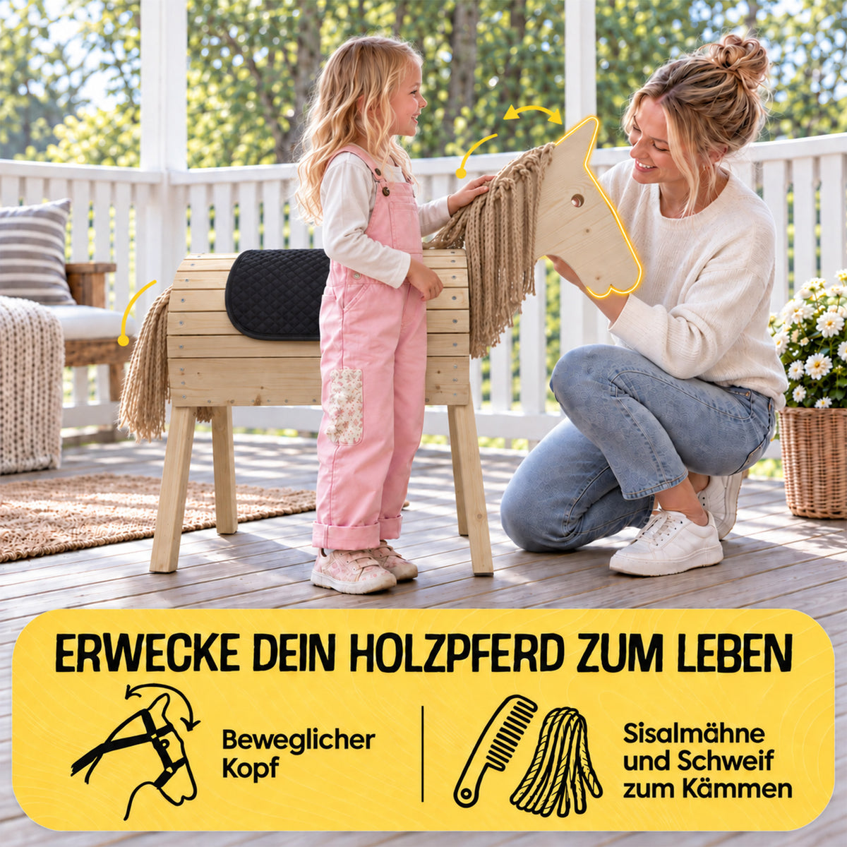 FRIEDO Holzpferd mit beweglichem Kopf und Sisalmähne zum Kämmen
