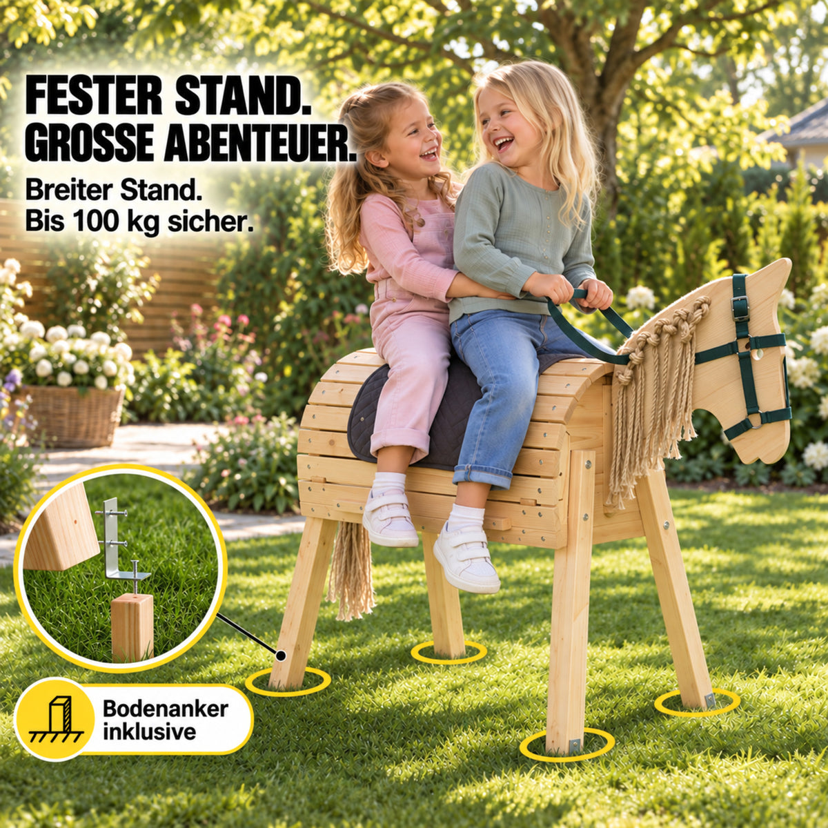 FRIEDO Holzpferd mit breitem Stand, bis 100 kg belastbar, Bodenanker inklusive