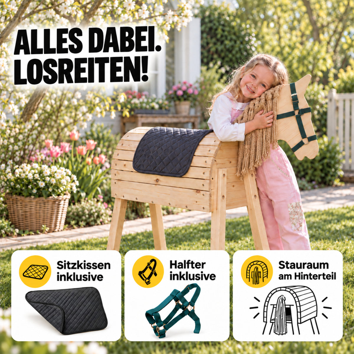 FRIEDO Holzpferd mit Sitzkissen, Halfter und Stauraum am Hinterteil inklusive