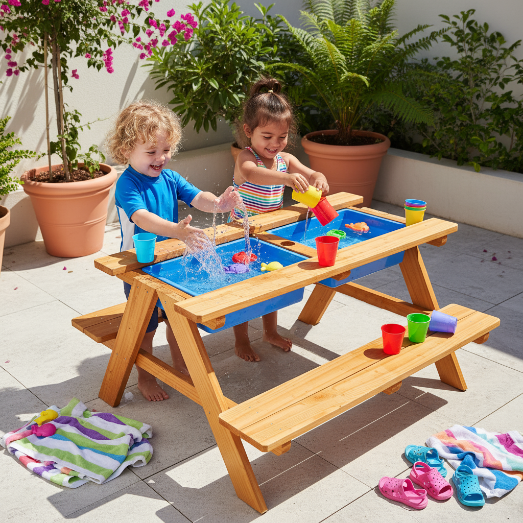 Kinder spielen an einem FRIEDO Matsch- und Basteltisch im Garten