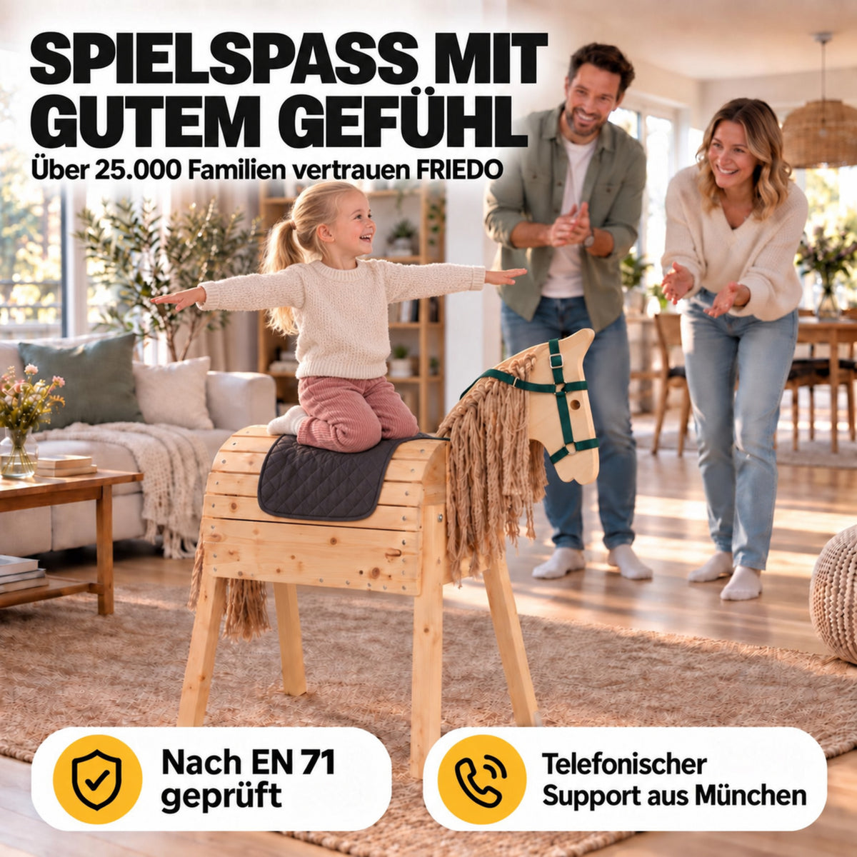 FRIEDO Holzpferd nach EN 71 geprüft, telefonischer Support aus München
