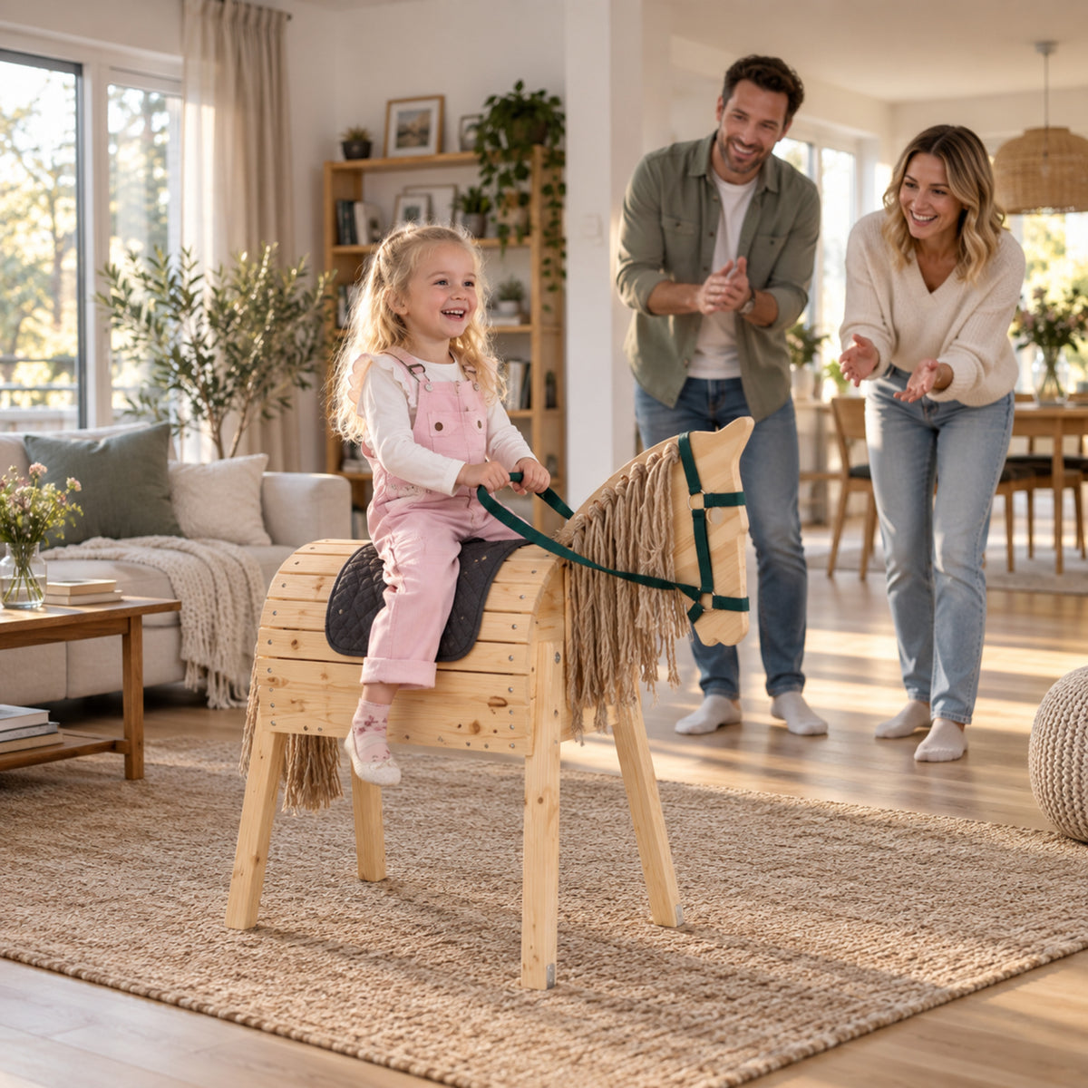 Kind reitet auf FRIEDO Holzpferd im Wohnzimmer, Eltern schauen zu