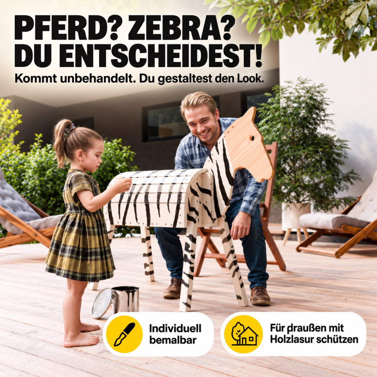 FRIEDO Holzpferd unbehandelt und individuell bemalbar, Pferd oder Zebra