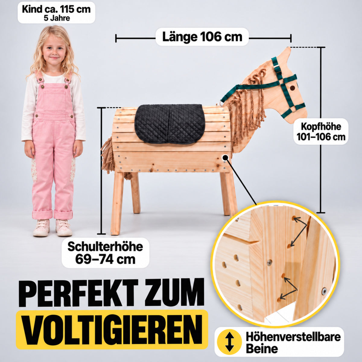 FRIEDO Holzpferd Maße: Länge 106 cm, Schulterhöhe 69 bis 74 cm, höhenverstellbare Beine